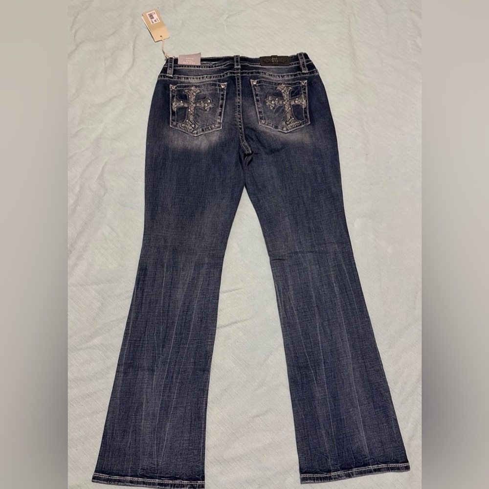 Miss Me Dark Blue Flare Jeans with Cross Embellishments